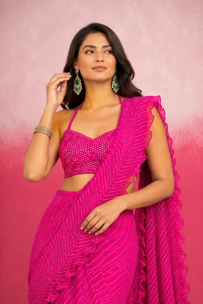 ISHMI MAGENTA PINK LEHERIYA RUFFLE SAREE