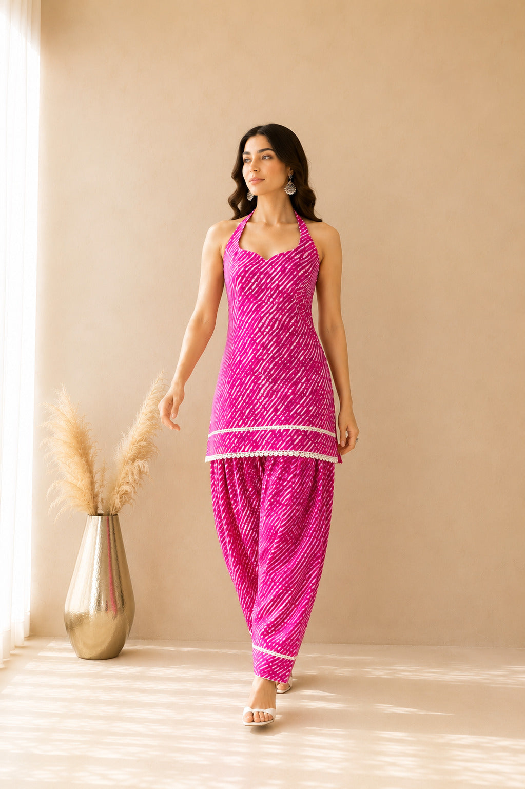 AVNIKA PINK COTTON LEHERIYA FARSHI SET WITH DUPATTA