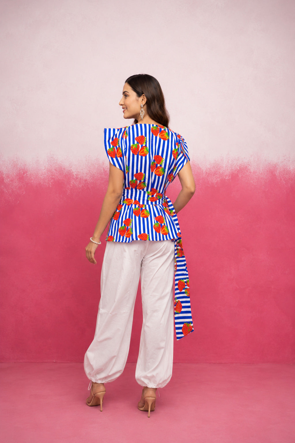 ARSHI BLUE STRAWBERRY STRIPE BALLOON COORD SET WITH BELT