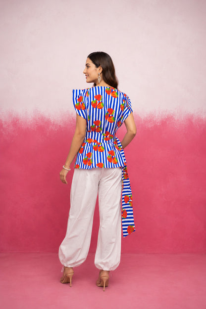 ARSHI BLUE STRAWBERRY STRIPE BALLOON COORD SET WITH BELT