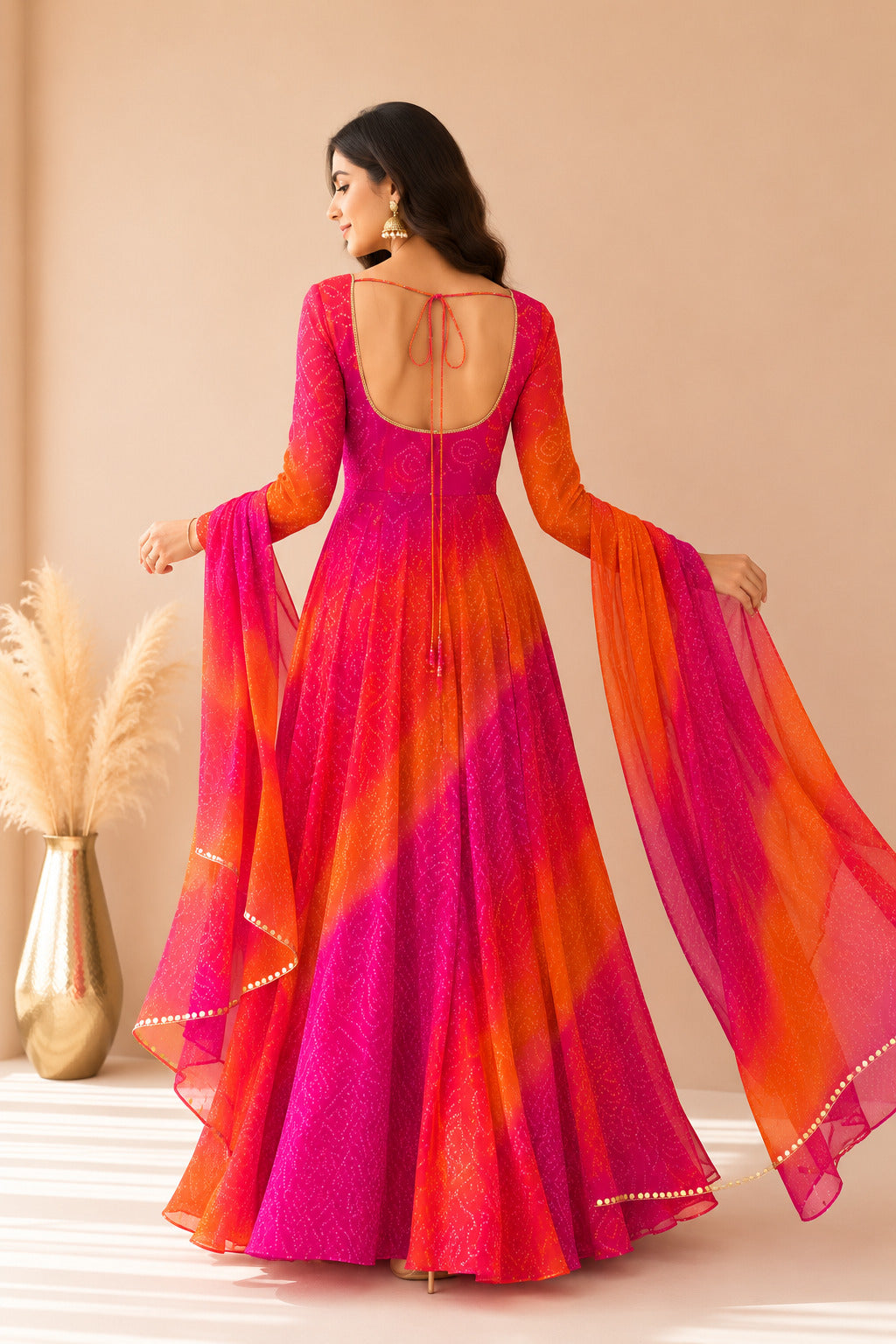 VAISHIRA ORANGE OMBRE BANDHEJ ANARKALI SET