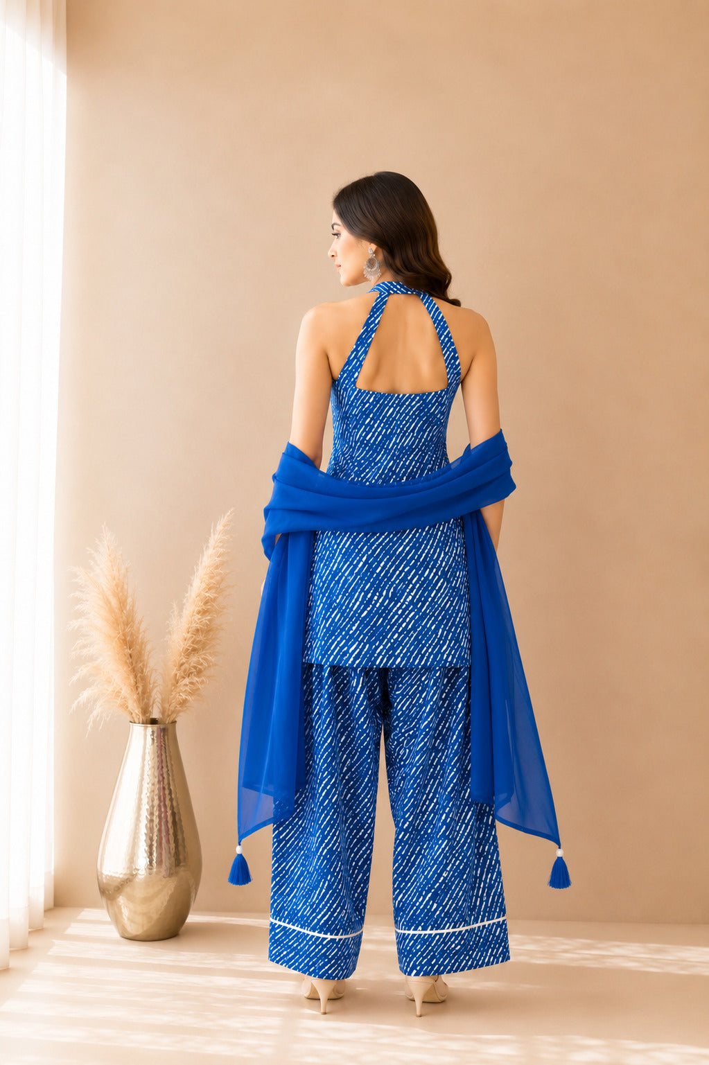 MEHREEN BLUE COTTON LEHERIYA FARSHI SET WITH DUPATTA