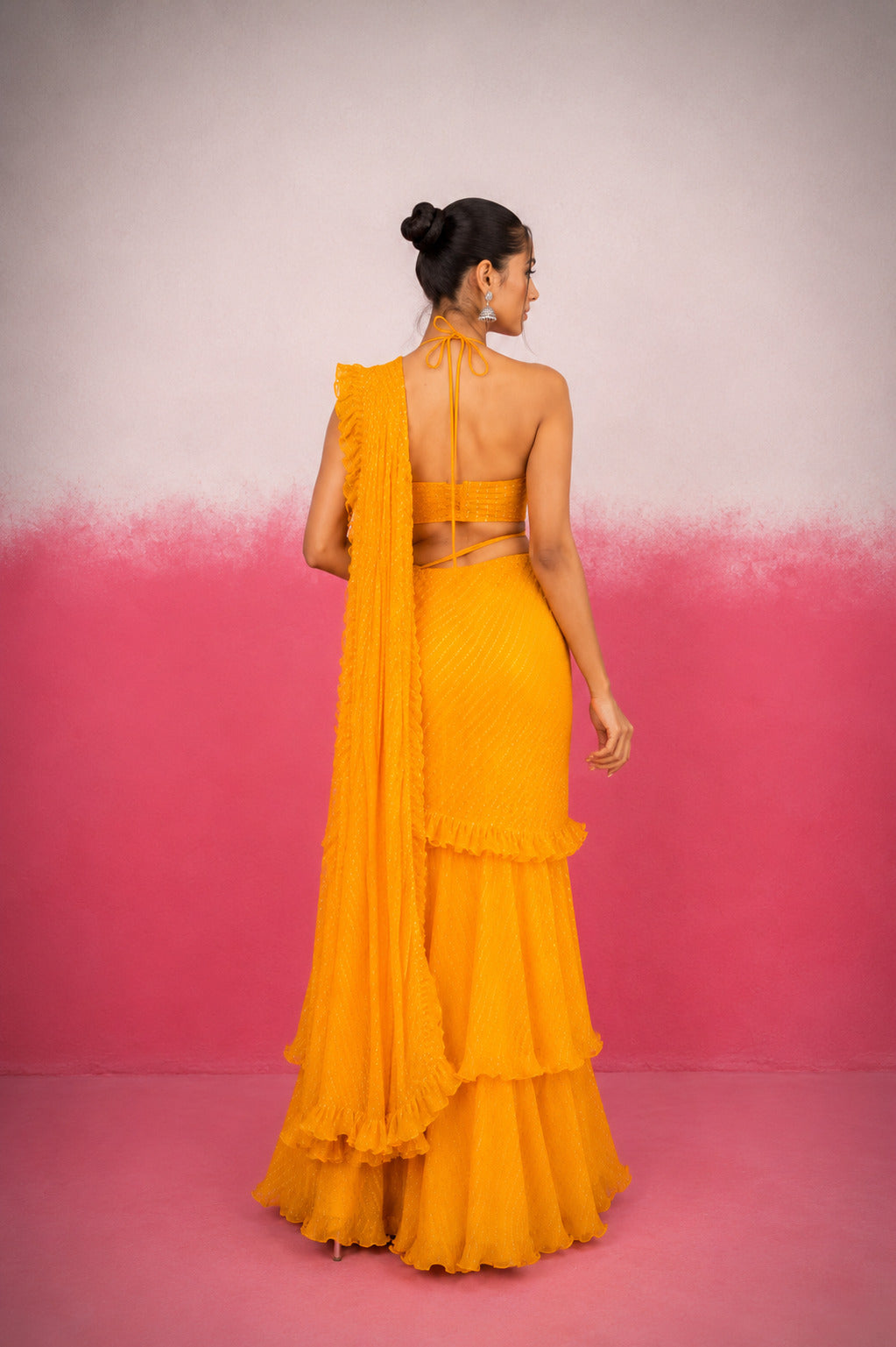 KRITHYA YELLOW LEHERIYA RUFFLE SAREE