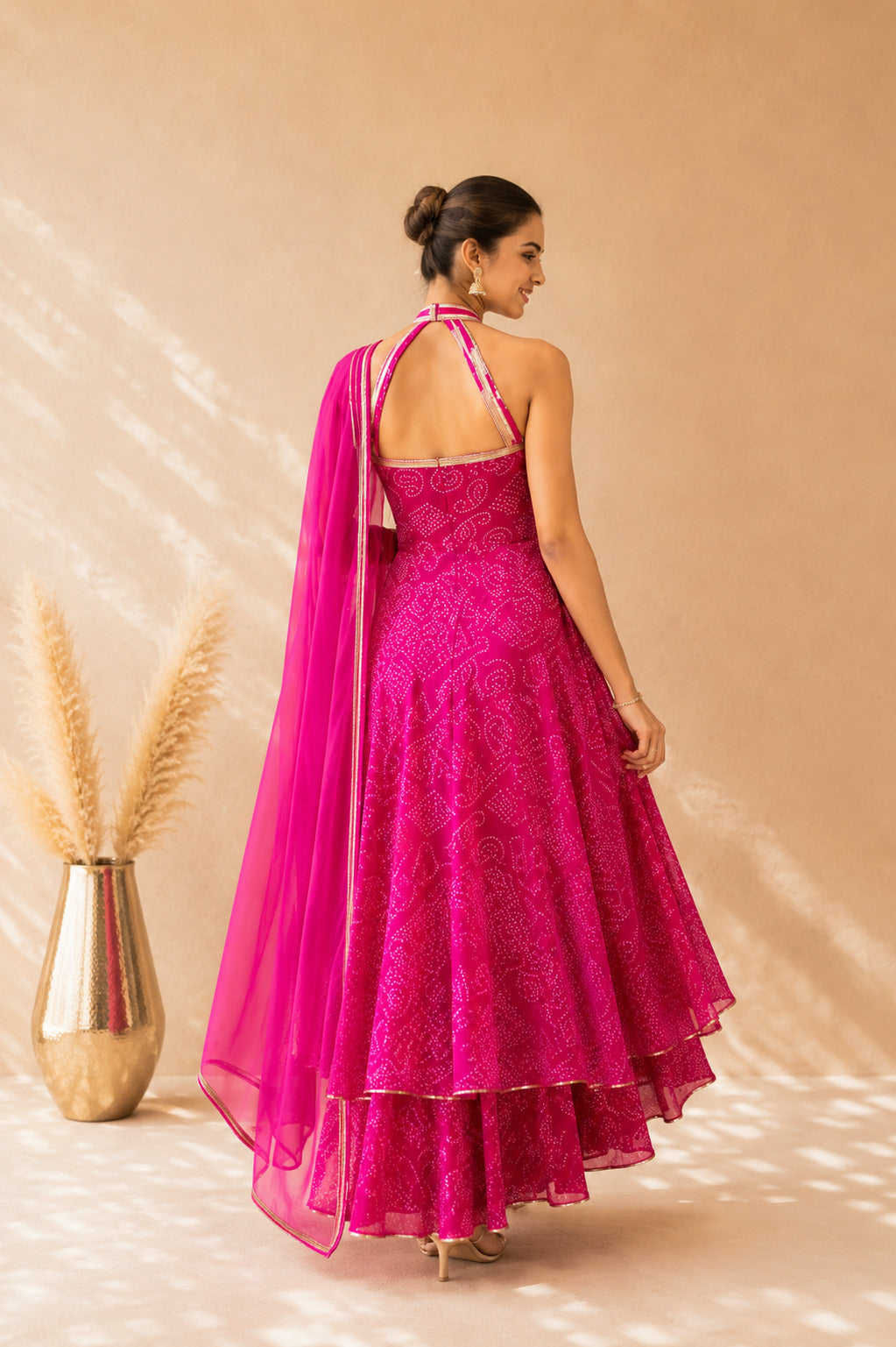 AROVIA PINK BANDHEJ HALTER ANARKALI SET