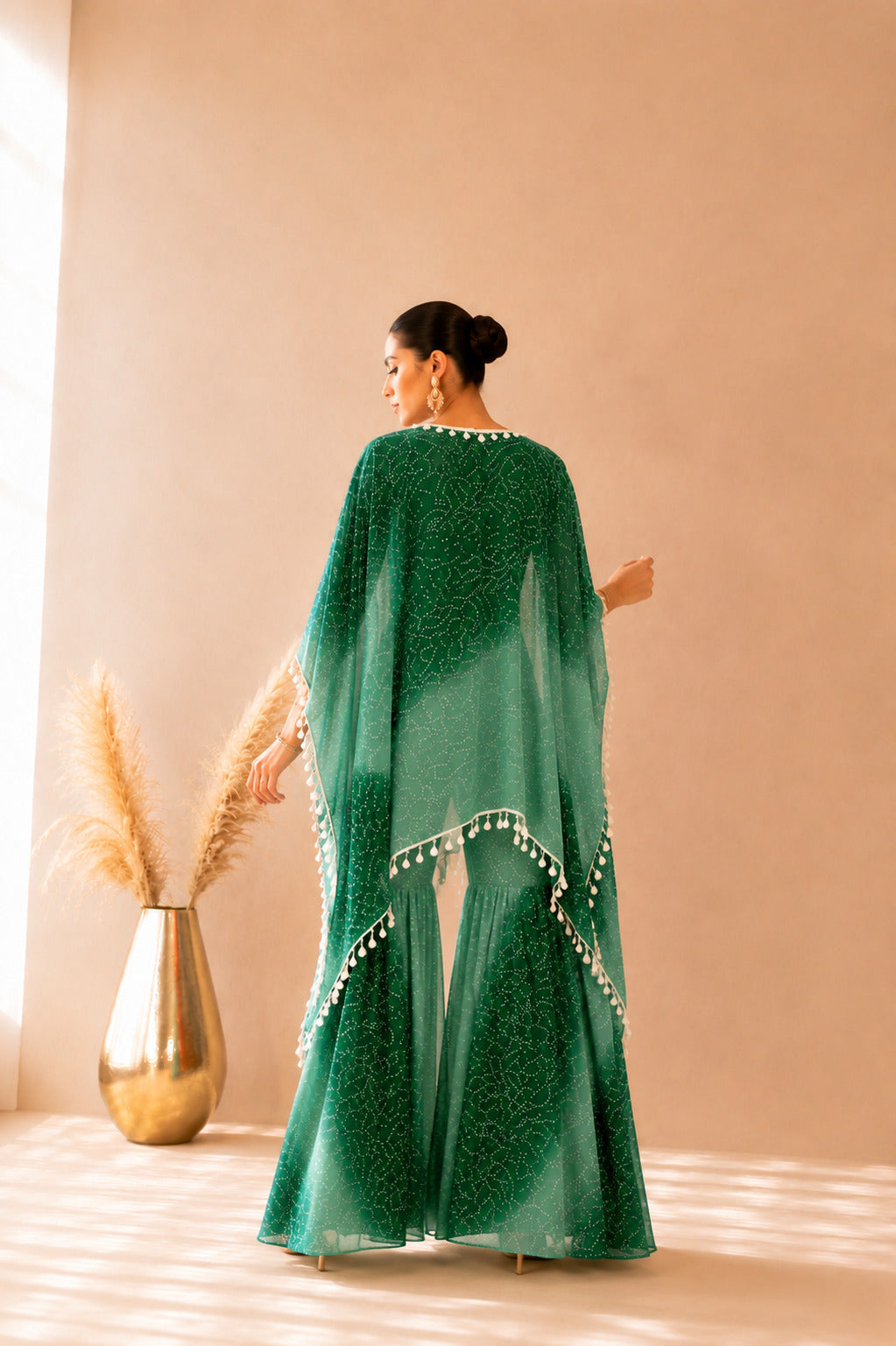 KYNARA GREEN OMBRE BANDHEJ KAFTAN SHARARA SET