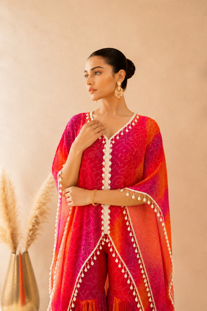MAHEYA ORANGE OMBRE BANDHEJ KAFTAN SHARARA SET