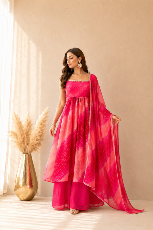 LEHERVI PINK OMBRE BANDHEJ NYRA CUT SUIT SET