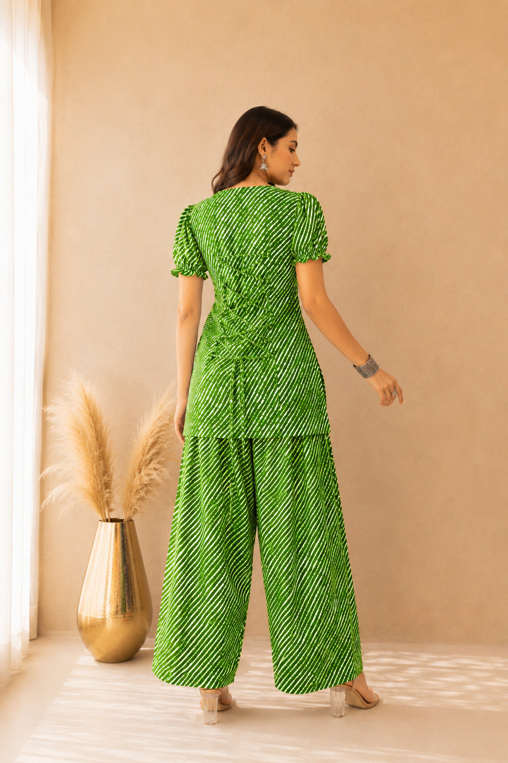 ABHA GREEN COTTON LEHERIYA FARSHI SET