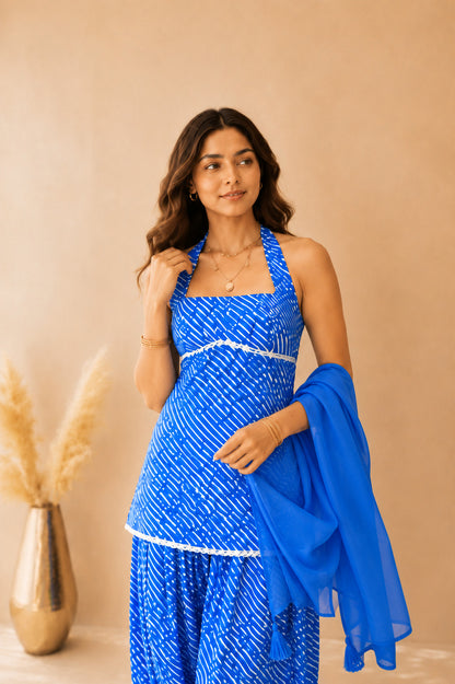 RAVYA BLUE COTTON LEHERIYA FARSHI SET WITH DUPATTA
