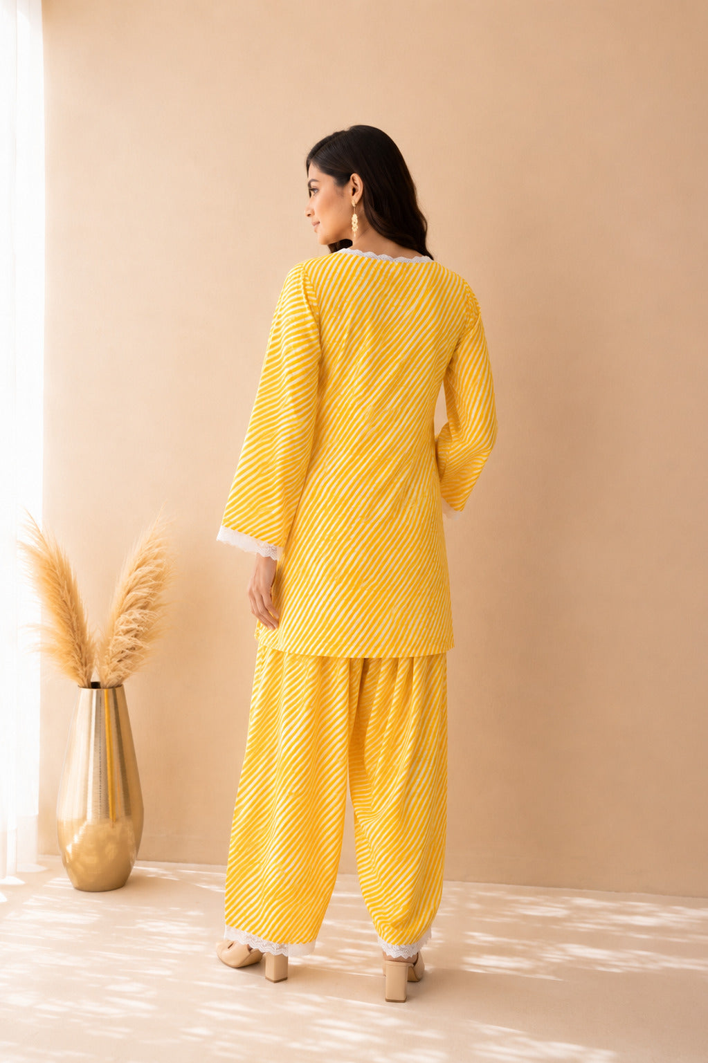 DHARINI YELLOW COTTON LEHERIYA FARSHI SET