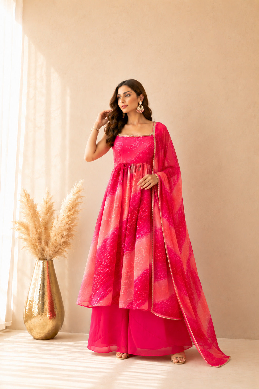 LEHERVI PINK OMBRE BANDHEJ NYRA CUT SUIT SET