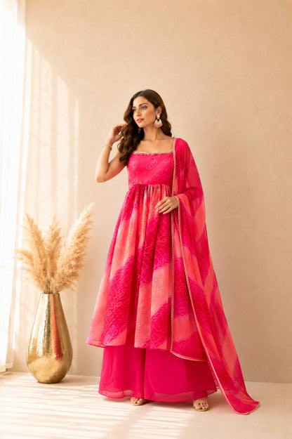LEHERVI PINK OMBRE BANDHEJ NYRA CUT SUIT SET