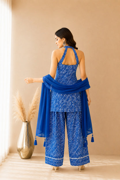 MEHREEN BLUE COTTON LEHERIYA FARSHI SET WITH DUPATTA