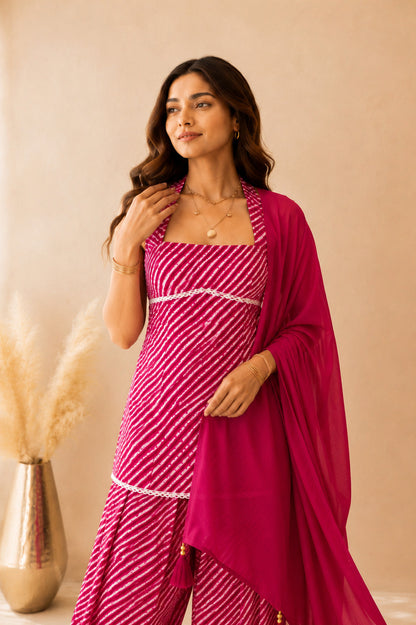 VANIKA PINK COTTON LEHERIYA FARSHI SET WITH DUPATTA