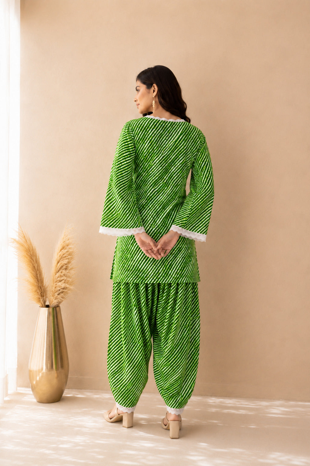 MALINI GREEN COTTON LEHERIYA FARSHI SET