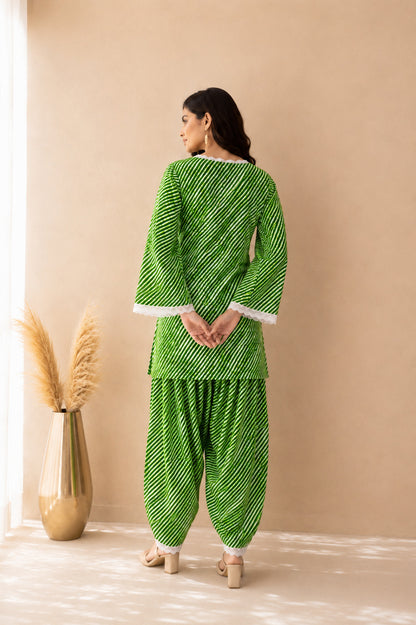 MALINI GREEN COTTON LEHERIYA FARSHI SET