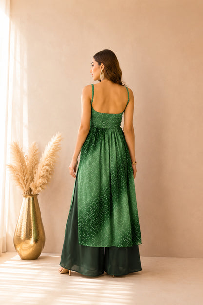 ROSHIRA GREEN OMBRE BANDHEJ NYRA CUT SUIT SET