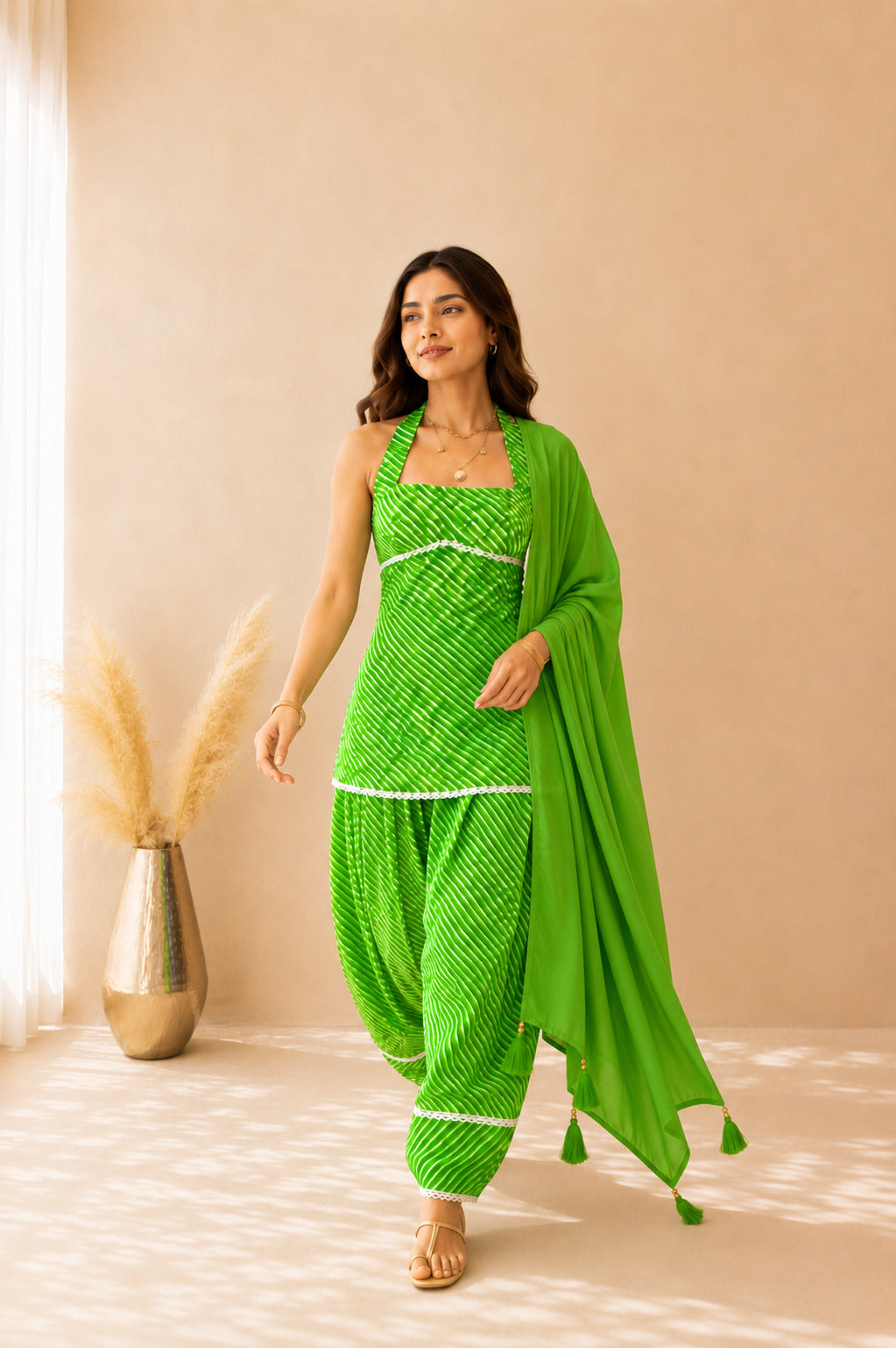 SARVANI GREEN COTTON LEHERIYA FARSHI SET WITH DUPATTA