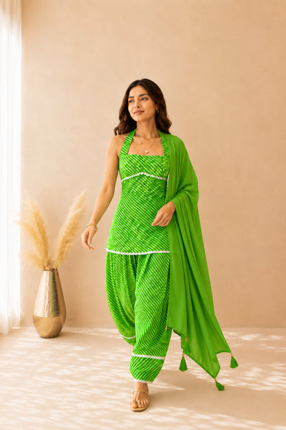 SARVANI GREEN COTTON LEHERIYA FARSHI SET WITH DUPATTA