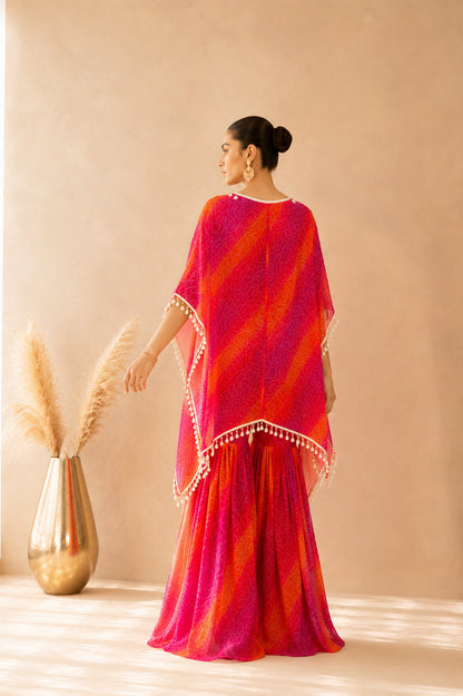 MAHEYA ORANGE OMBRE BANDHEJ KAFTAN SHARARA SET