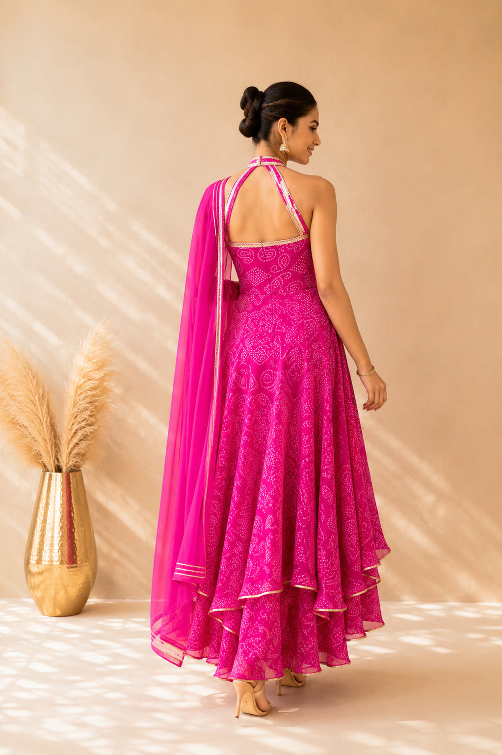 CHANDRI PINK BANDHEJ HALTER ANARKALI SET