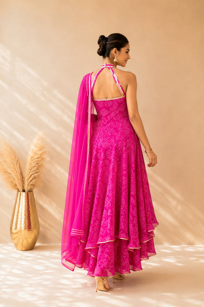 CHANDRI PINK BANDHEJ HALTER ANARKALI SET