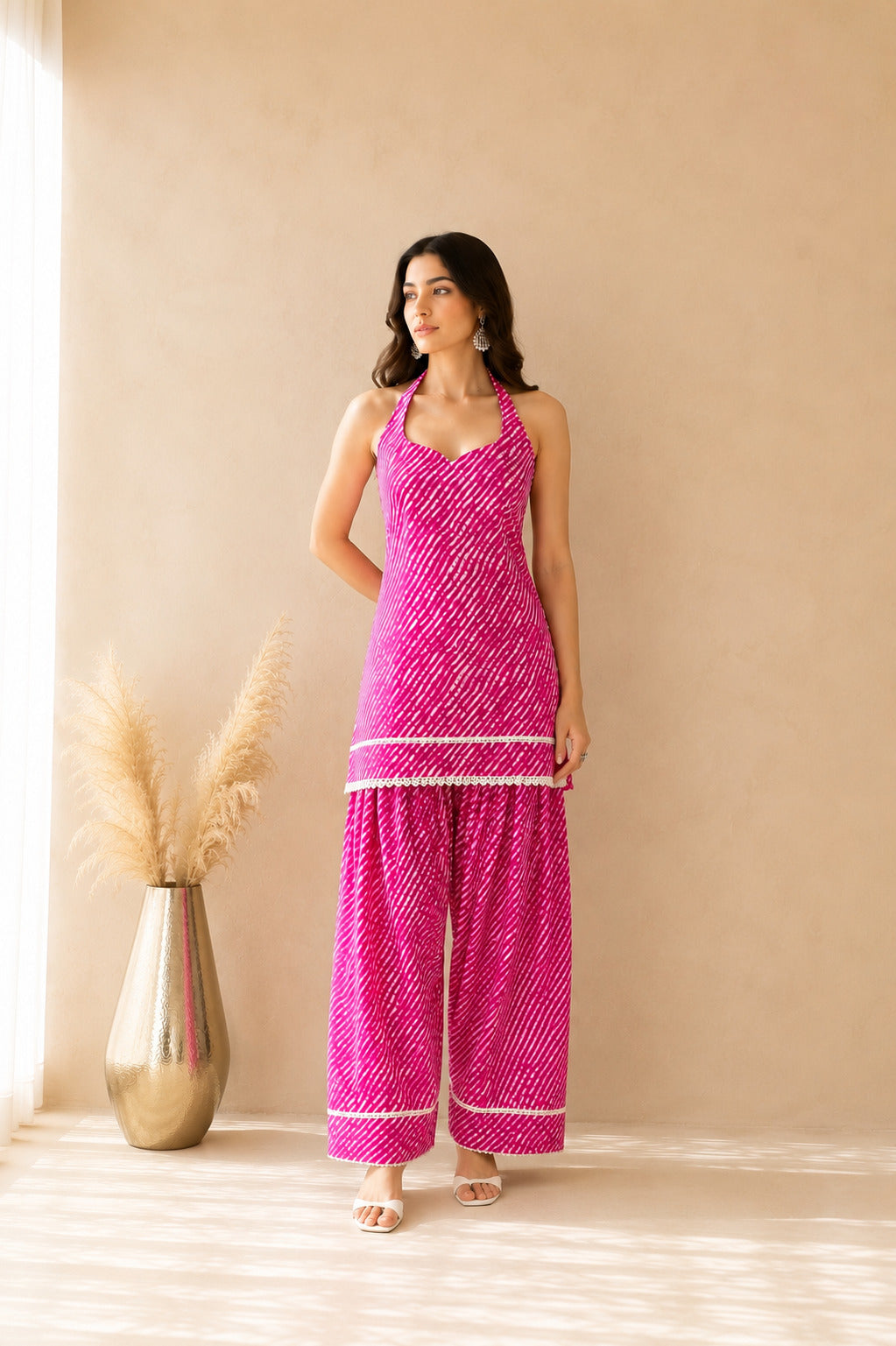 AVNIKA PINK COTTON LEHERIYA FARSHI SET WITH DUPATTA