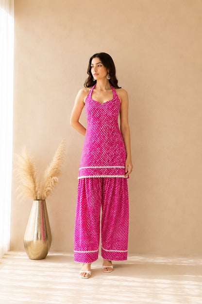 AVNIKA PINK COTTON LEHERIYA FARSHI SET WITH DUPATTA