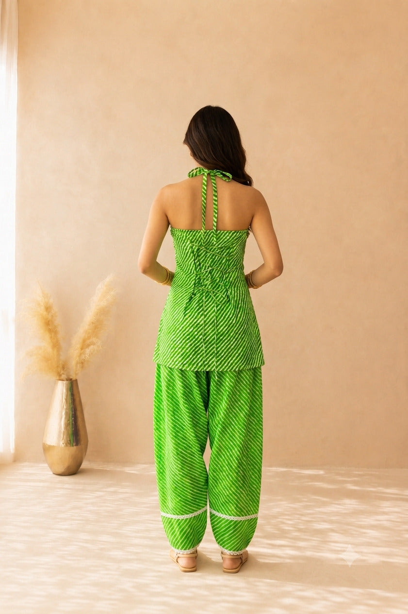 SARVANI GREEN COTTON LEHERIYA FARSHI SET WITH DUPATTA