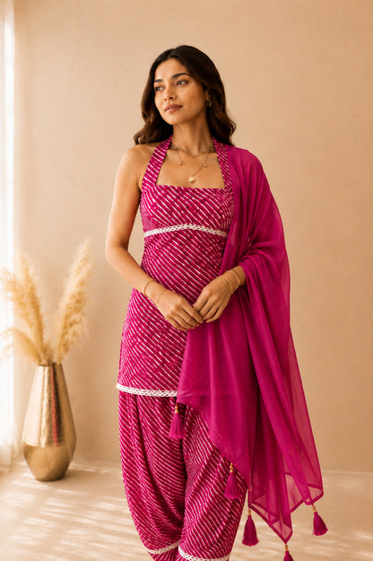 VANIKA PINK COTTON LEHERIYA FARSHI SET WITH DUPATTA