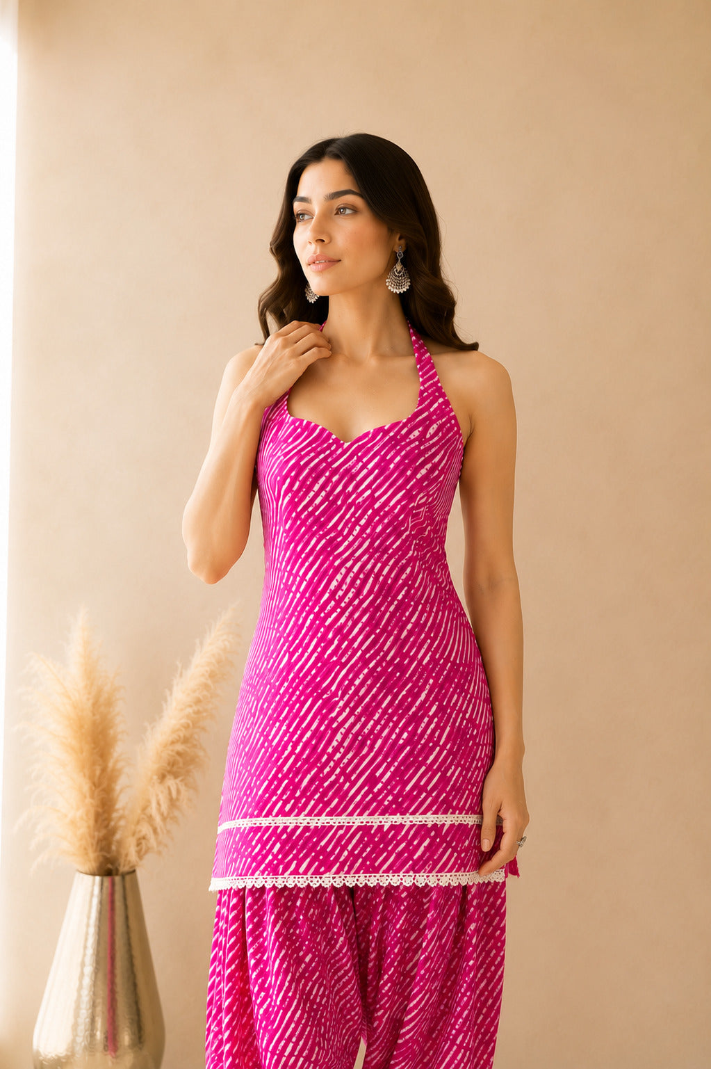 AVNIKA PINK COTTON LEHERIYA FARSHI SET WITH DUPATTA