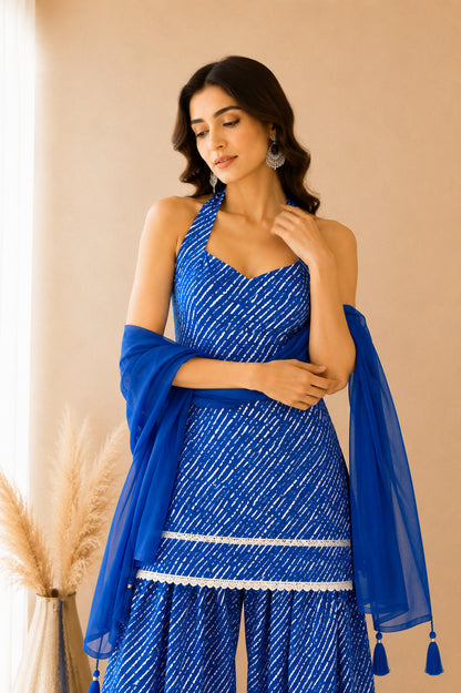 MEHREEN BLUE COTTON LEHERIYA FARSHI SET WITH DUPATTA