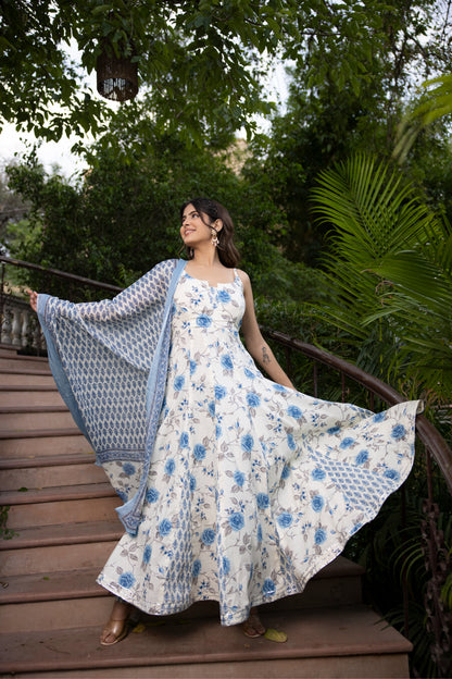 AADHYA COTTON BLUE GODET ANARKALI SET Deasha India