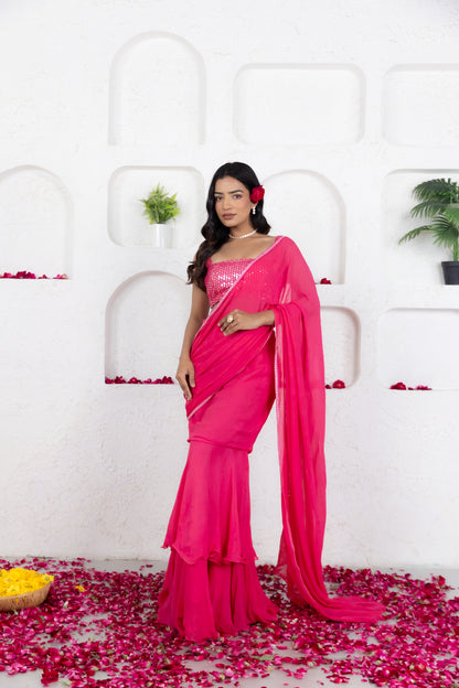 GIA FRENCH ROSE PINK RUFFLE SAREE