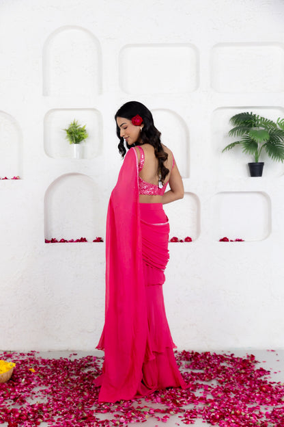 GIA FRENCH ROSE PINK RUFFLE SAREE