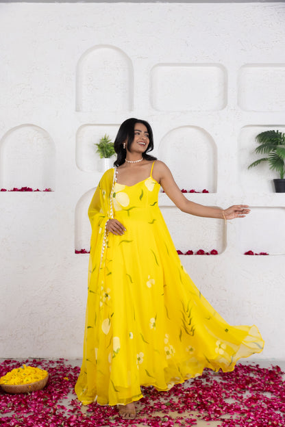 NYSA YELLOW HANDPAINTED ANARKALI SET