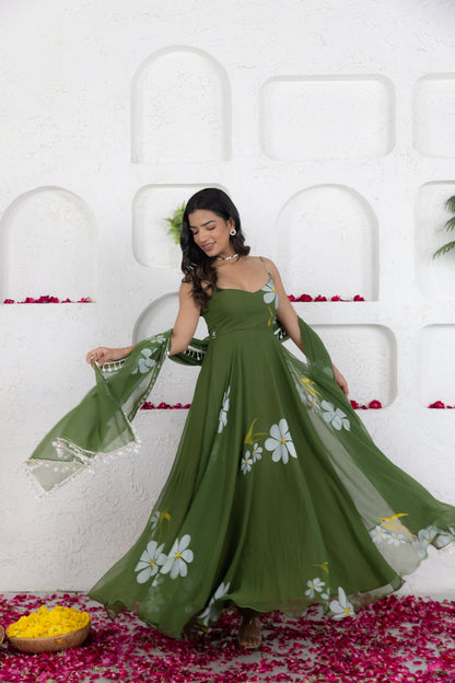 REVA GREEN HANDPAINTED ANARKALI SET