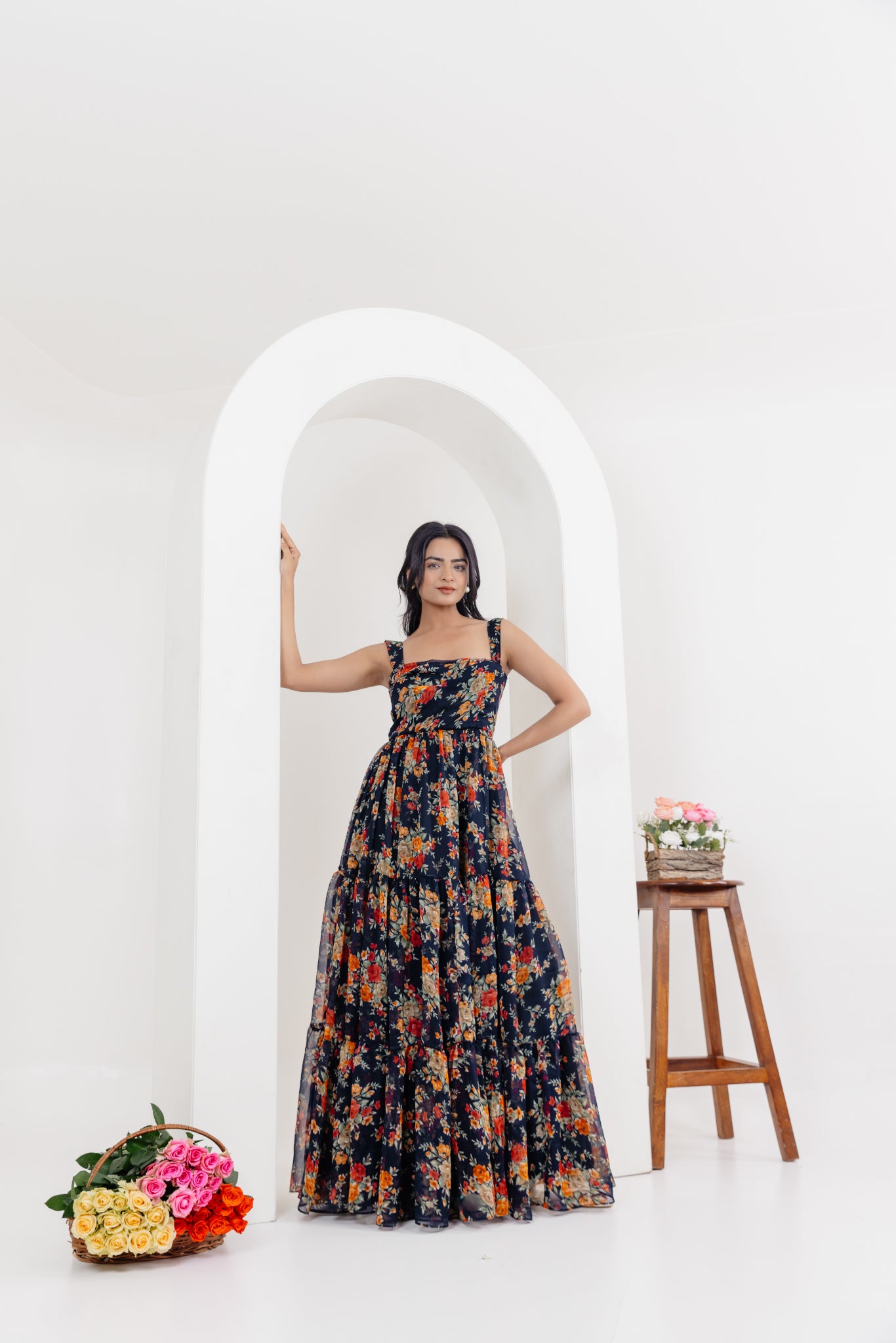 RUHI BLACK FLORAL PRINTED LONG DRESS