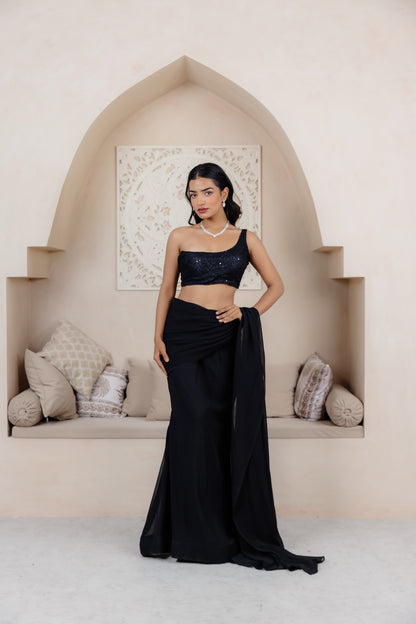 SANA BLACK ONE SHOULDER OFF DRAPED SAREE