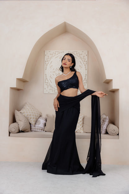 SANA BLACK ONE SHOULDER OFF DRAPED SAREE