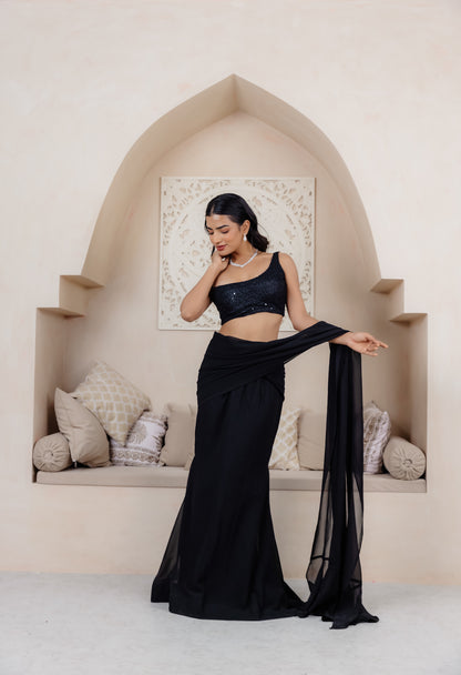 SANA BLACK ONE SHOULDER OFF DRAPED SAREE