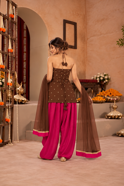 SANJANA BROWN PINK EMBELLISHED FARSHI SET