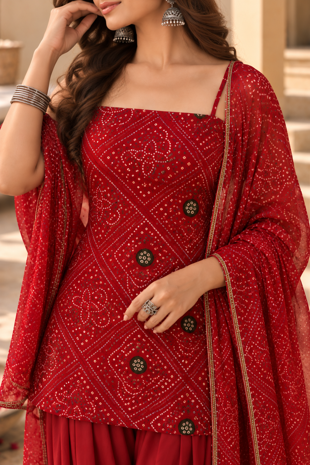 JONITA RED BANDHEJ FARSHI SET