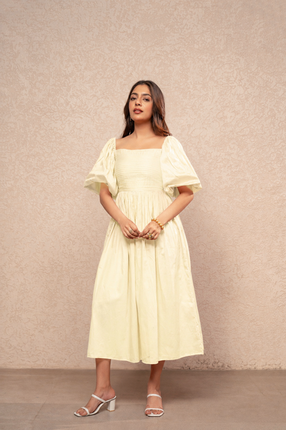 IVORIE PASTEL YELLOW COTTON A-LINE DRESS