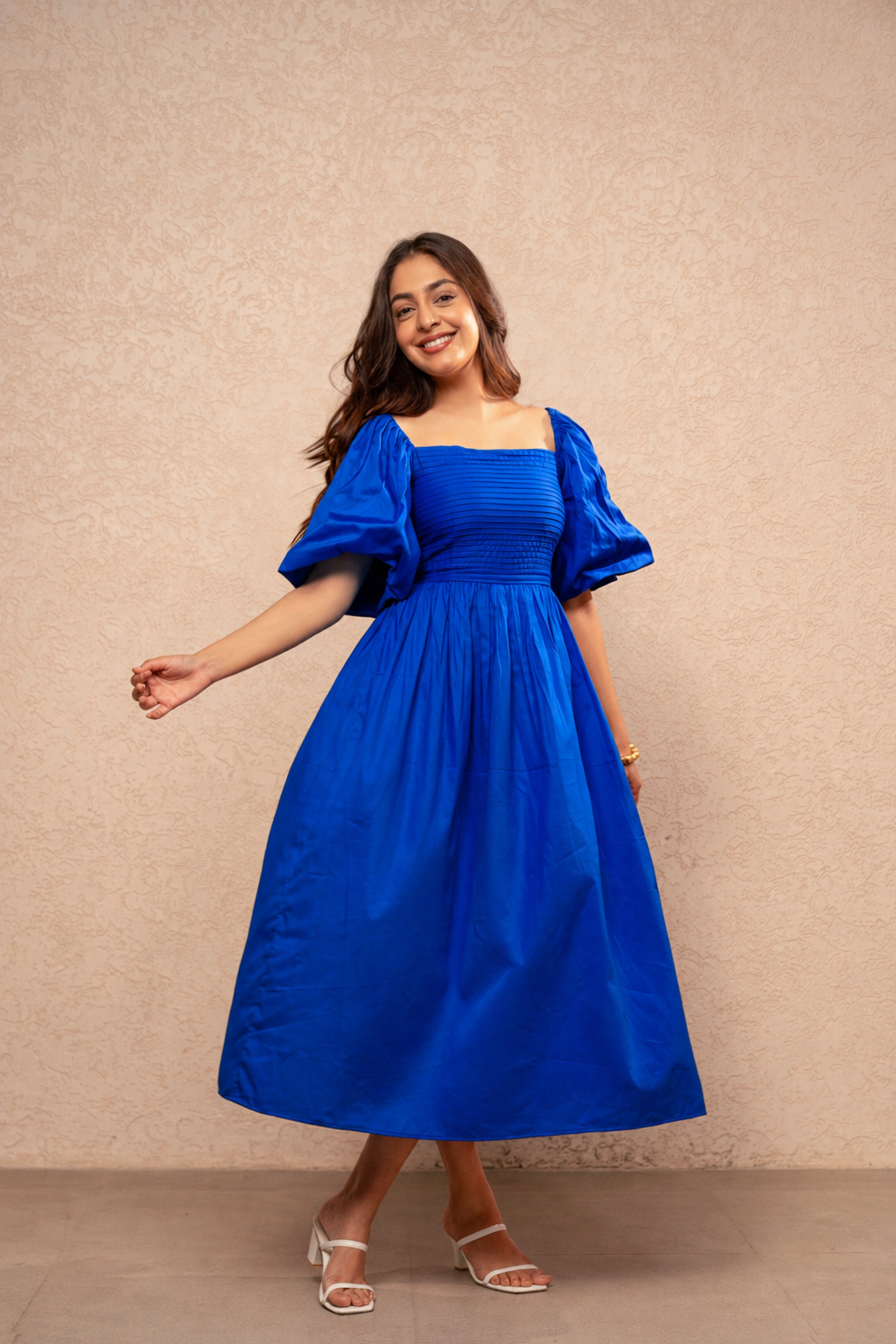 MYRNA ROYAL BLUE COTTON A-LINE DRESS
