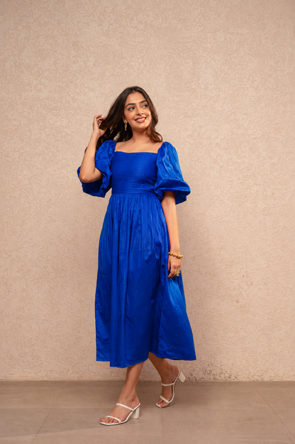 MYRNA ROYAL BLUE COTTON A-LINE DRESS
