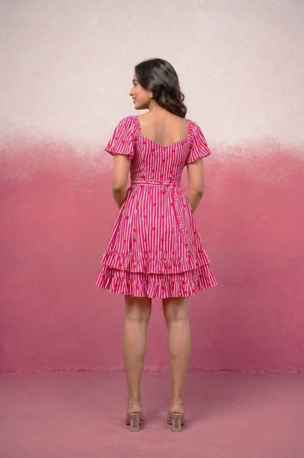 POPPY PINK PRINTED SHORT RUFFLED DRESS