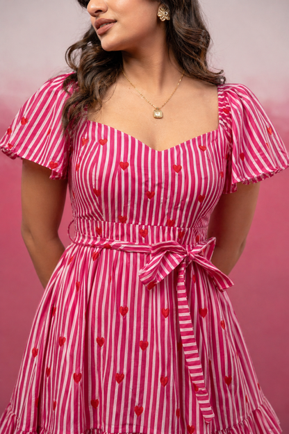 POPPY PINK PRINTED SHORT RUFFLED DRESS