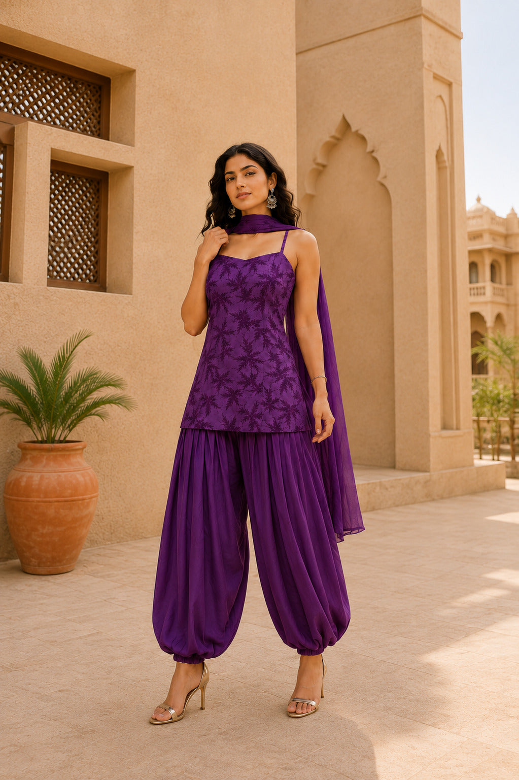 RUHANI PURPLE FLORAL BALLOON PANTS SET WITH DUPATTA