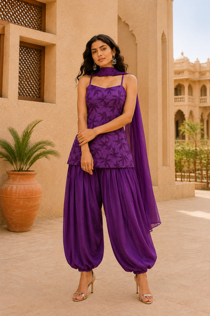 RUHANI PURPLE FLORAL BALLOON PANTS SET WITH DUPATTA
